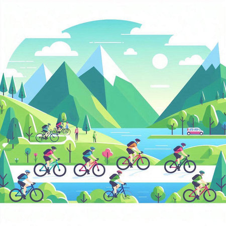 Cyclists cycling in the park. Vector illustration in flat styleのイラスト素材