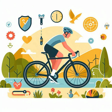Cyclist riding bicycle in the park. Flat style vector illustration.のイラスト素材