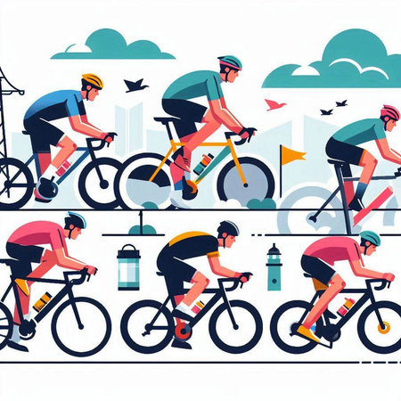 Cyclists riding on bicycles. Vector illustration in flat style.のイラスト素材