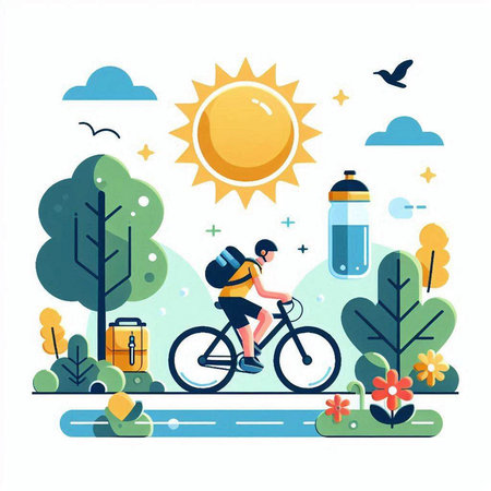 Vector illustration of a cyclist riding a bicycle in the park. Flat design.のイラスト素材