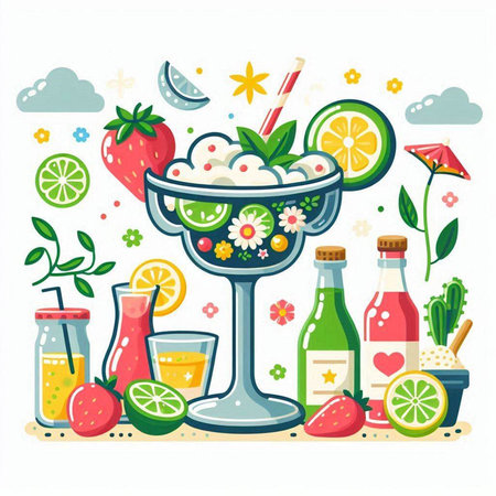 Cocktail with ice cream, lemon, strawberry, lime, lemon, mint, strawberry, lemonade. Vector illustrationのイラスト素材