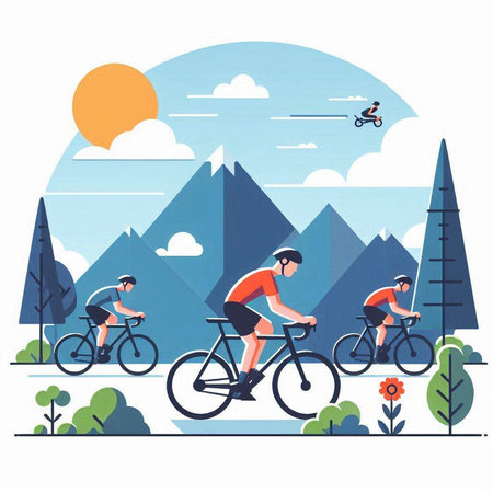 Cyclists in the mountains. Vector illustration in flat style.のイラスト素材