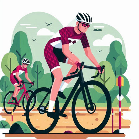 Cyclists riding in the park. Vector illustration in flat styleのイラスト素材