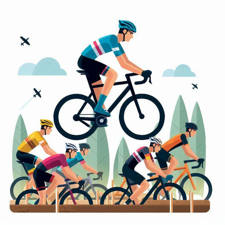 Cyclists riding bicycle in the park, flat vector illustration.のイラスト素材