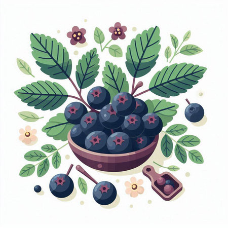 Bowl of fresh ripe blueberries with leaves and berries. Vector illustration.のイラスト素材