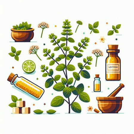 Herbal medicine and aromatherapy vector illustration. Herbs and essential oilのイラスト素材