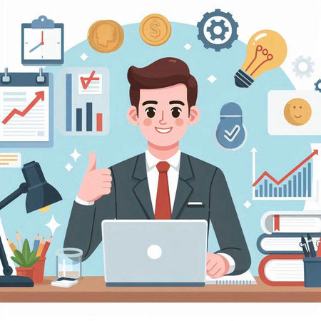 Businessman working at the office. Vector illustration in flat style.のイラスト素材
