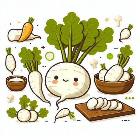 Radish vegetable on white background, vector illustration. Radish in cartoon style.のイラスト素材
