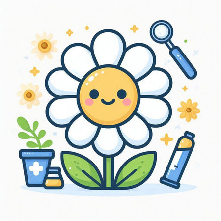Cute flower character with dental tools. Vector illustration in cartoon style.のイラスト素材