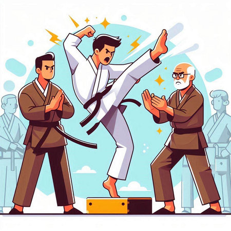 Taekwondo training. Karate competition. Vector illustration in cartoon styleのイラスト素材