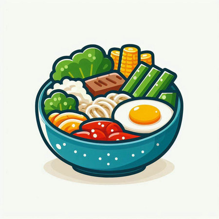 Bowl of noodle with vegetables and egg. Vector illustration.のイラスト素材