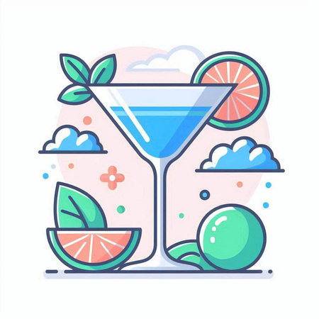 Cocktail flat line icon. Vector illustration. Cocktail with lime and mint.のイラスト素材