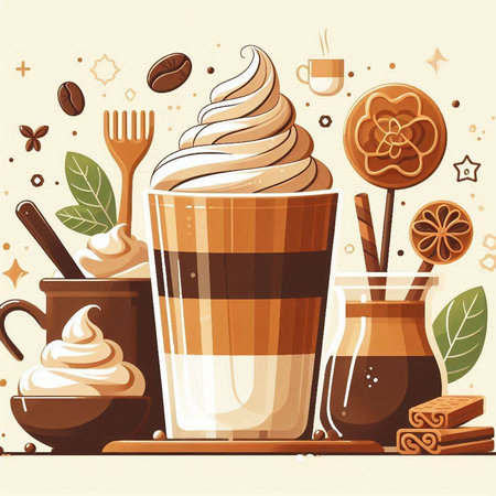 Illustration of a glass of coffee with whipped cream, cinnamon sticks, caramel and cookiesのイラスト素材