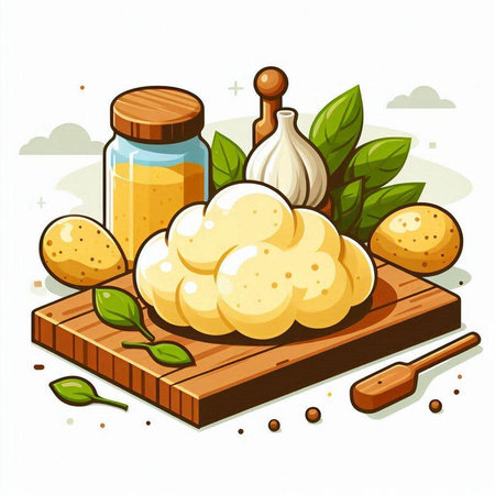 Vector illustration of Mozzarella cheese on a wooden board with olive oil.のイラスト素材