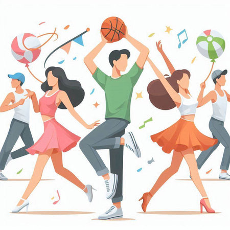 Group of young people playing basketball, dancing and having fun. Flat vector illustration.のイラスト素材