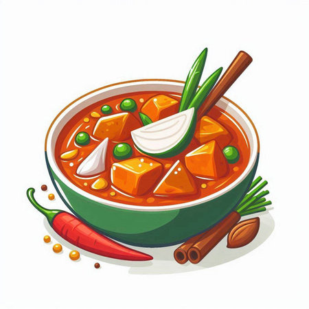 Illustration of a bowl of goulash soup with vegetables and spicesのイラスト素材