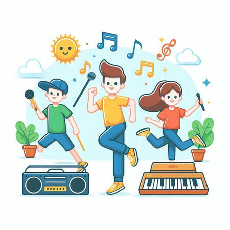 Cute cartoon boy and girl singing and playing music. Vector illustrationのイラスト素材