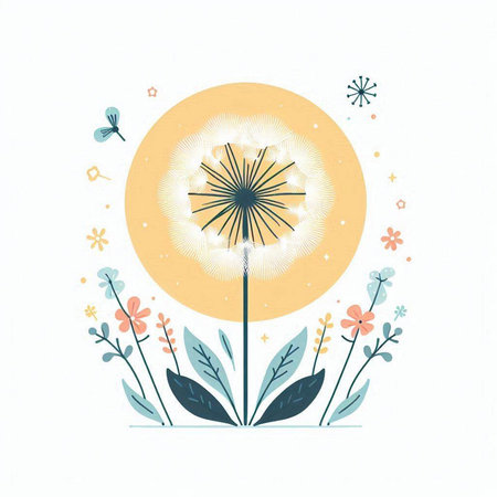 Hand drawn dandelion with flowers on white background. Vector illustration.のイラスト素材