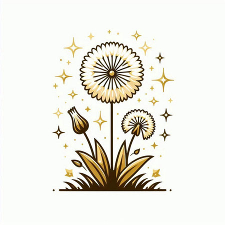 Dandelion flower with golden stars on white background. Vector illustration.のイラスト素材