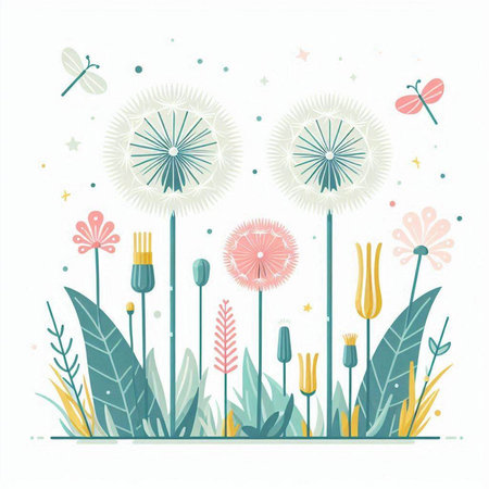 Vector illustration of dandelion flowers in flat style on white background.のイラスト素材