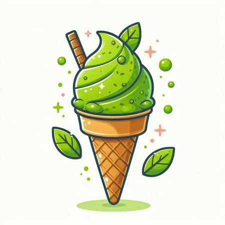 Ice cream cone with green fruits and mint leaves. Vector illustration.のイラスト素材