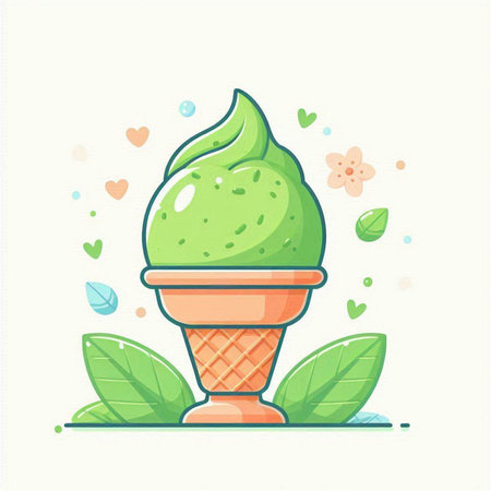 Green tea ice cream in a waffle cone with leaves. Vector illustration.のイラスト素材