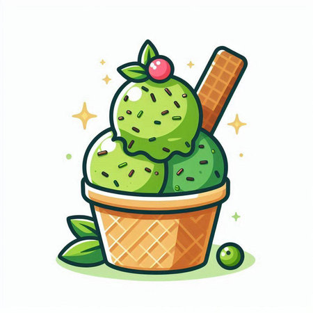 Ice cream in waffle cone with berries and mint. Vector illustration.のイラスト素材