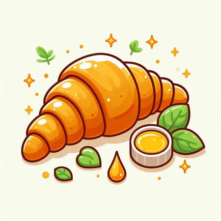 Croissant icon with honey and mint leaves. Vector illustration.のイラスト素材