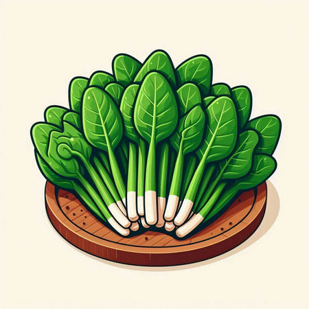 Bunch of fresh green chard on wooden board. Vector illustrationのイラスト素材