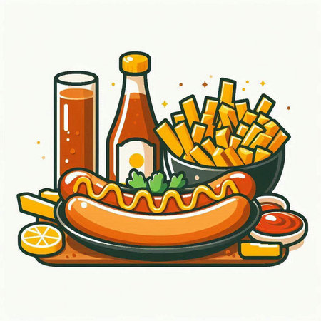 Vector illustration of hot dog with french fries and glass of beer.のイラスト素材