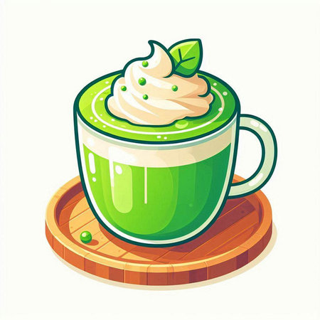 Green tea latte with whipped cream and mint. Vector illustration.のイラスト素材