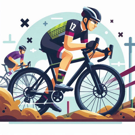 Cyclist in helmet riding bike, vector illustration. Cyclist riding on road.のイラスト素材