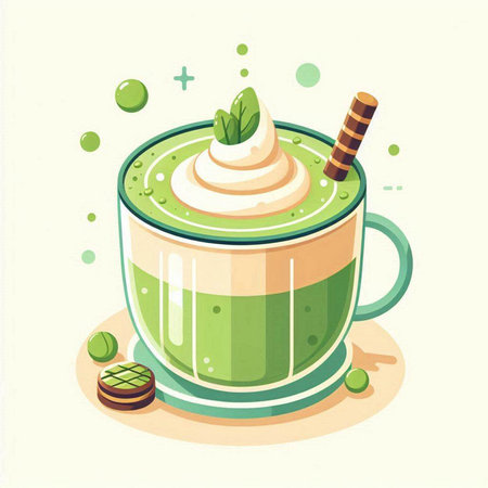 Green tea latte with whipped cream in a cup. Vector illustration.のイラスト素材