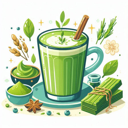 Matcha green tea latte drink with ingredients. Vector illustration.のイラスト素材