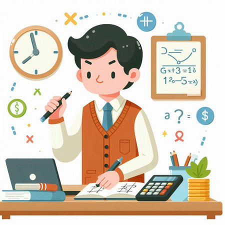 Illustration of a young businessman working at his desk with a calculatorのイラスト素材