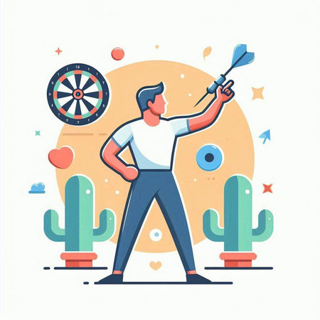 Vector illustration of man playing darts. Flat style design for web, site, advertising, banner, poster, board and print.のイラスト素材