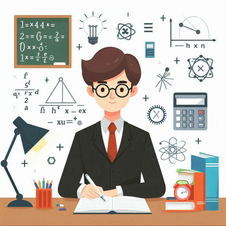 Vector illustration of a young teacher sitting at the desk and writing in a notebookのイラスト素材