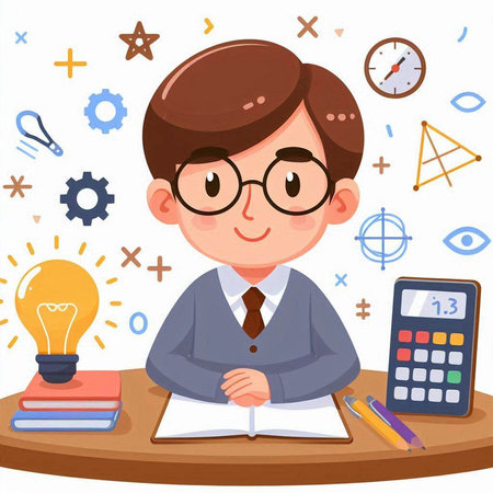 Vector illustration of a school boy studying at his desk in a classroomのイラスト素材