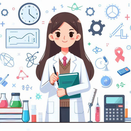 Cartoon female scientist in lab coat writing in notebook. Vector illustration.のイラスト素材