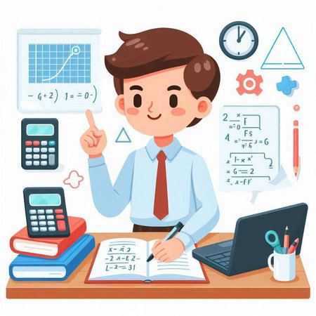 Businessman working at office with calculator and laptop, vector illustration.のイラスト素材