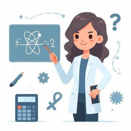 Vector illustration of a female scientist in a white coat and a blackboard on a white background.のイラスト素材