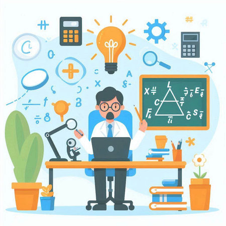 Teacher in front of the blackboard. Vector illustration in flat styleのイラスト素材