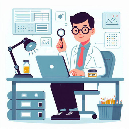Scientist working at his desk. Vector illustration in cartoon style.のイラスト素材