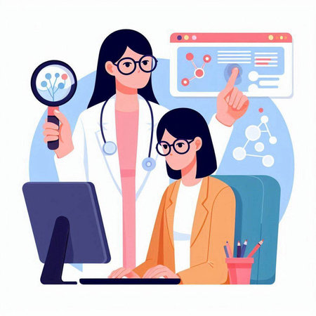 Female doctor with magnifying glass and female patient. Concept of medicine and health care. Vector illustration in flat styleのイラスト素材
