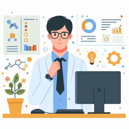 Scientist at work. Vector illustration in flat style. Man in a white coat and tie.のイラスト素材