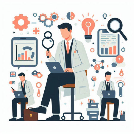 Vector illustration of a businessman in a white coat working with a laptop.のイラスト素材