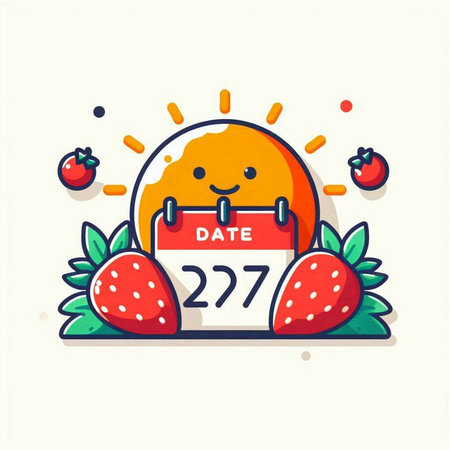 Cute cartoon sun with strawberry and calendar. Vector flat illustration.のイラスト素材