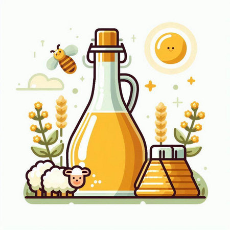 Vector illustration of a bottle of olive oil with sheep and bee.のイラスト素材