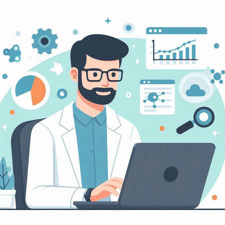 Vector illustration of a male doctor working on a laptop in the officeのイラスト素材