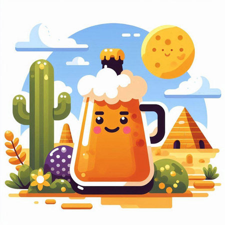 Mug of beer and cacti in the desert. Vector illustrationのイラスト素材